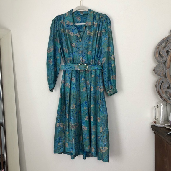 Vintage Dresses & Skirts - VINTAGE/ metallic butterfly belted dress